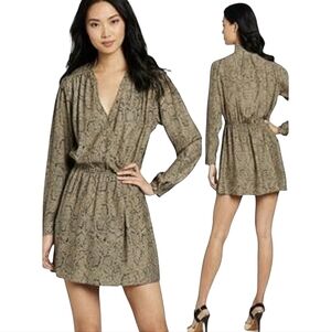 Parker Silk Faux Wrap Snake Print Mini Dress Sz Small Olive Green